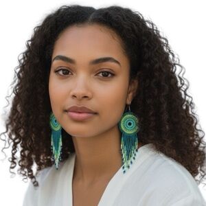 Beaded Dreamcatcher Earrings – Green & Turquoise, Boho Festival Jewelry